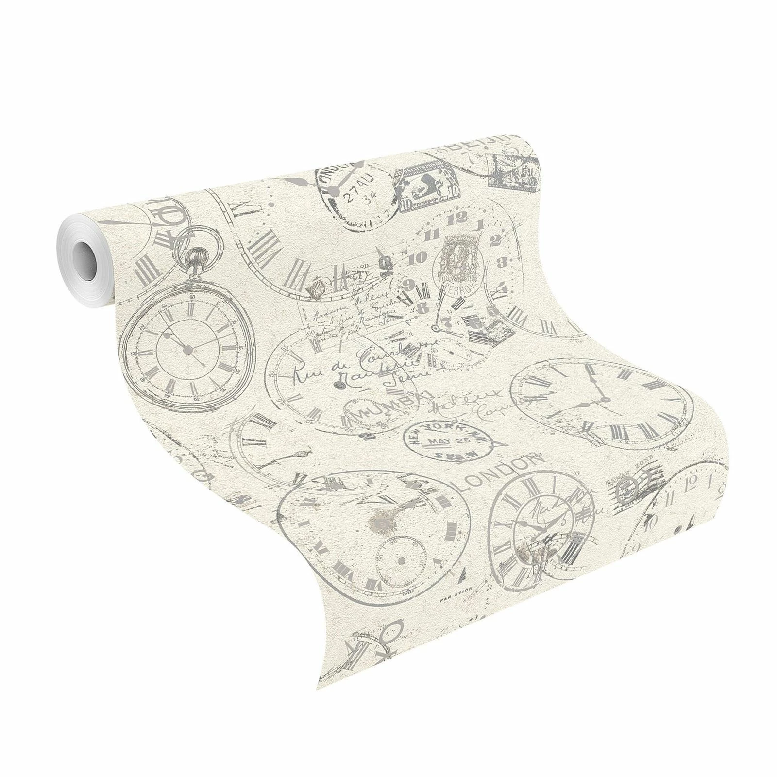 Tapete Vlies Rasch Uhren Postkarten Weiß Grau 649208 3 Tapete Vlies Rasch Uhren Postkarten Weiß Grau 649208