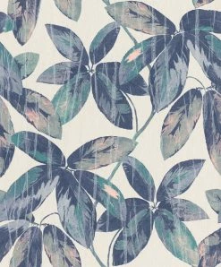 Tapete Vlies Vintage Blätter Creme Blau Glanz 298641